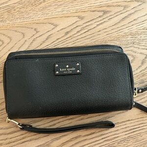 kate spade Black Pebbled Leather Wristlet with Gold Hardware